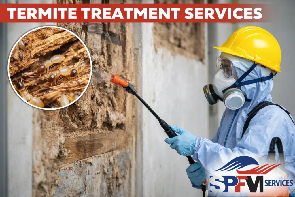 termite treatment service by SPFM Services with a trained technician spraying anti-termite solution on damaged wooden structures.
