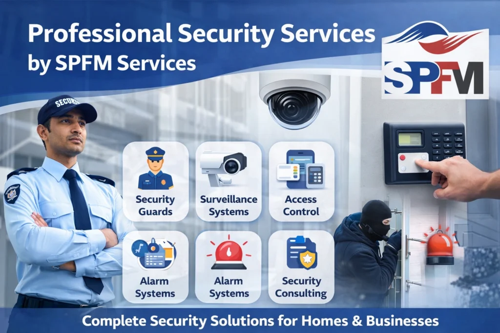 security services by SPFM Services including trained security guards, CCTV surveillance systems, access control, alarm systems, and security consulting for homes and businesses.