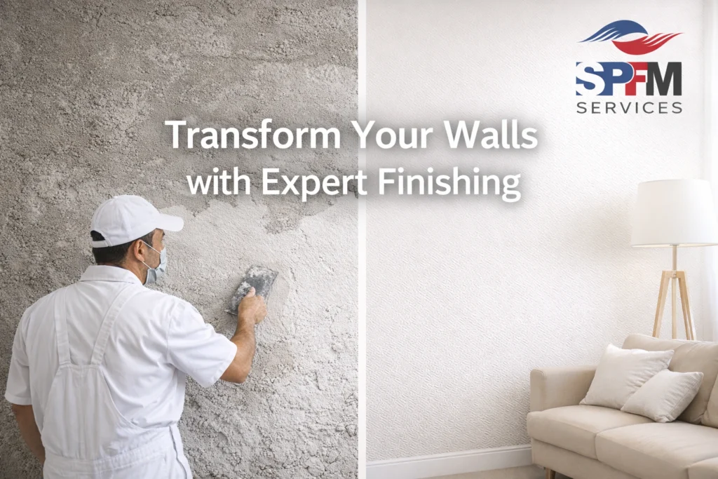 Professional wall finishing transformation by SPFM Services showing a rough wall converted into a smooth, polished surface by expert technicians in Gurgaon and Delhi NCR.